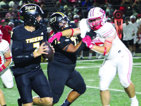 Sealy quarterback Kane Killough looks for a receiver while Erik Sanchez, 72, gives him room to pass. Killough passed for 193 yards and a touchdown, but it wasn’t enough as Bellville won the district opener 35-20. COURTESY PHOTOS