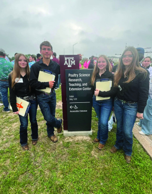 The poultry team competed at the TAMU state CDE contest on Saturday May 2. The team wrapped up a competitive season finishing 38th in the state. From left, team members include Kailee Ledger, Levi McNeely, Cheyenne Hall and Novalee Webb. COURTESY PHOTO