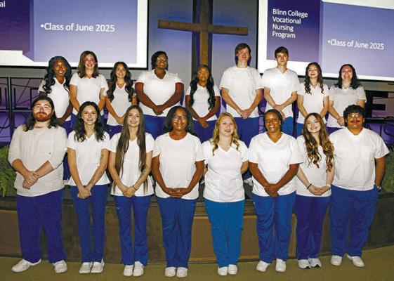 Graduates of the Blinn Vocational Nursing Program’s traditional face-to-face courses honored at a pinning ceremony Thursday were (back, from left) Ikinajawill Griffin, Brianna Hernandez, Lauren Herzog, Keyuana Hilliard, Roman Raney, Daniel Robinson, Maria Sanchez, and Tavin Wampler; and (front, from left) Joseph Flores, Olivia Cook, Harley Coghlan, Taneshia Casey, Melissa Bundrant, Zanquitta Brown, Sidney Berry, and Tristen Bermea.