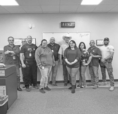 Austin County Sheriff’s Office honored their dispatchers during Dispatcher Appreciation Week for the week of April 9-15. Left to right are: Sgt. Donald Darracq, Chief Deputy Richard Holloman, Lt. Rob Lockett, Dispatcher Jasmine Green, Dispatch Supervisor David Watson, Austin County Sheriff Jack Brandes, Dispatcher Leslie Wiggins, Receptionist Blanca Alvarado, Civil Deputy Joe Villarreal and Sgt. Rocky Bustamante. CONTRIBUTED PHOTO