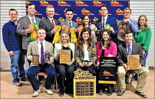 The Blinn College livestock judging team placed first at the San Antonio Stock Show and Rodeo on Saturday. Pictured are (front, from left) Weston McElroy, Kendahl Nix, Avery Oliver, Taylor Turner, and Gunner Coburn; and (back from left) coach Quest Newberry, Eli Hallford, Kyle Real, Ethan Sanchez, Keilee Day, Brady Halfmann, Cade Anderson, and coach Adrian Austin.