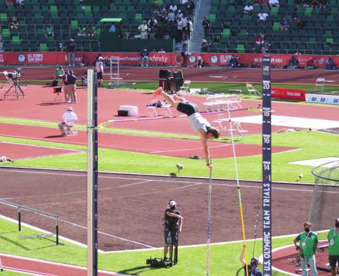 Sealy High School alum and Sam Houston State redshirt junior Clayton Fritsch executes a pole vault attempt during the Olympic Trials at the University of Oregon June 19. Fritsch finished 13th overall, one spot away from advancing to the finals. COURTESY PHOTO