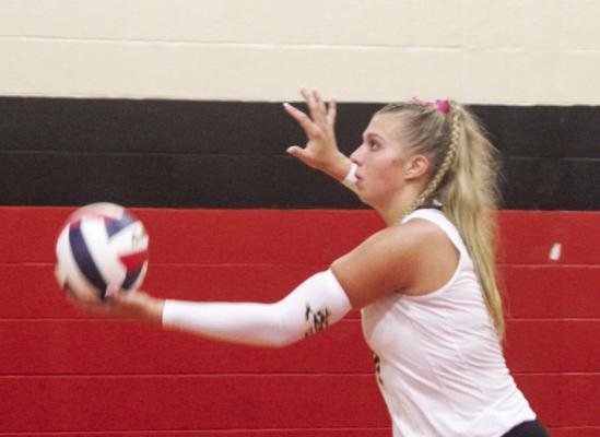 SEALY NEWS | EVAN HALE Baylee Brandes serves the ball to start the point for the Lady Tigers.