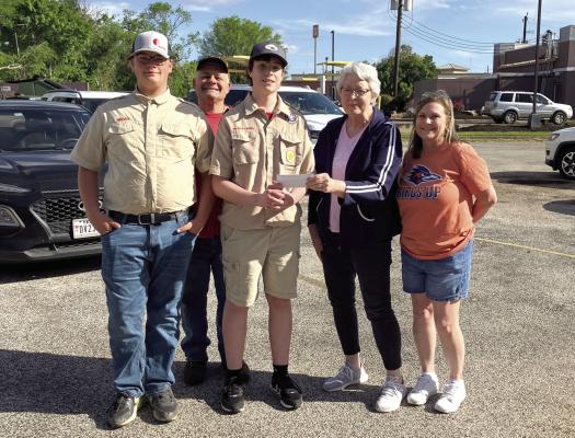 For Join Hands Day, Cat Spring Lodge donated to Boy Scout Troop 548. The troop has been raising funds for camp and lost a lot of its equipment in a fire. Pictured are, from left are Cameron Vojtek, Charlie Ribardo, Payton Galicia, lodge President Pat Klotz and Katherine Demel. The lodge also donated to Blessing Boxes (not pictured). This group makes comfort pillows and packages for mastectomy patients and ships boxes all over the nation.