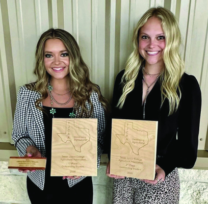 The Blinn College Ag Club won the two top awards at this year’s Texas Junior College Agricultural Association (TJCAA) convention. From left, Jenna Lindig and Ryleigh Gilfoil were the champion and reserve champion students, respectively. COURTESY PHOTO