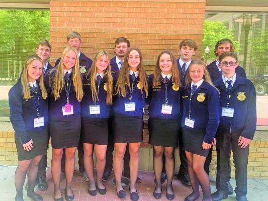 CONTRIBUTED PHOTOS Sealy High School students pictured at the 94th Texas FFA State Convention in Fort Worth, Texas. The competition was held from July 11 to July 15. Left to right (front): Caeley Shipman, Ryleigh Gilfoil, Alana Lindsey, Ansley Owen, Kenna Schram, Makenzie Simmonds and Wyatt Irwin. Left to right (back): Bryce Stanford, Tracer Kruzel, Reed Dittert, Grayson Oliver and Jackson Burtschelle.