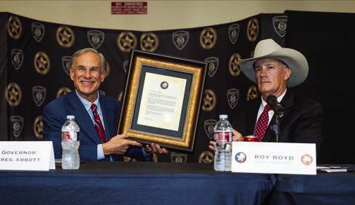 Governor Greg Abbott joined the Coastal Bend Peace Officers Association (CBPOA) and Operation Lone Star Taskforce to honor Live Oak County Sheriff Larry Busby for his 44 years of service.
