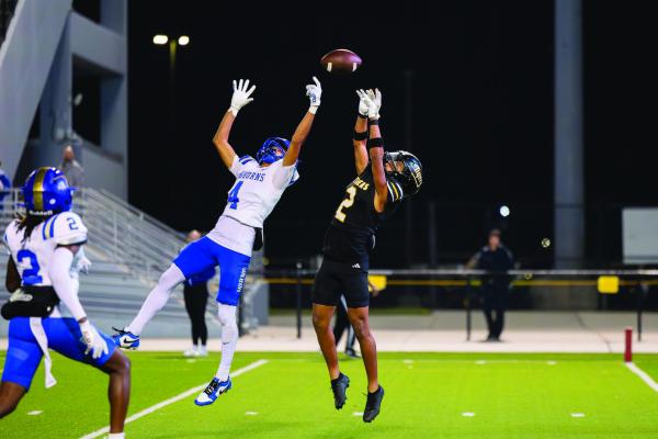Elijah Sanders goes up to defend a pass during a playoff contest for Sealy this season. Sanders was named the Utility Player MVP in the district this season.