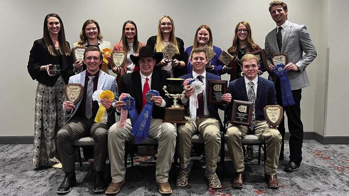 West Texas A&M University’s Meat Judging team won another championship at the Oct. 27 Cargill High Plains Meat Judging Contest. Pictured are, front from left, Daniel Raab, Will Hauerland, Lane Golla and Clayton Stevenson; and, back from left, Coach Dr. Loni Lucherk, Mya Alford, Helene Keiser, Katie Labrum, Lily Hooser, Campbell Offield and Coach Will Boyd.