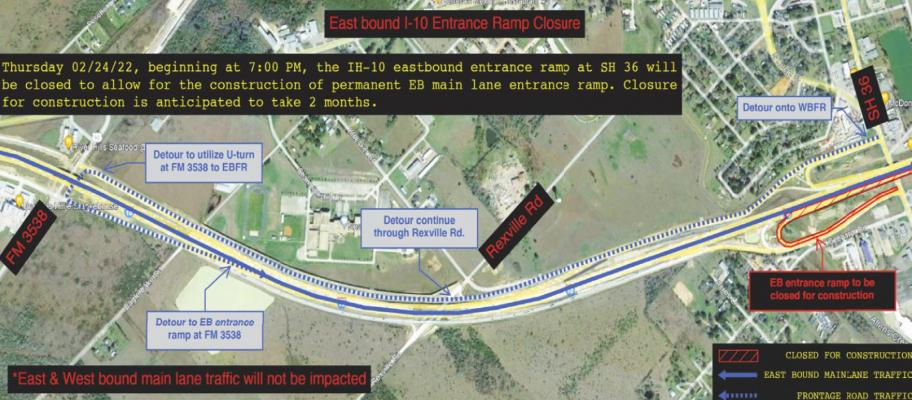 I-10 EB entrance ramp at SH-36 to close