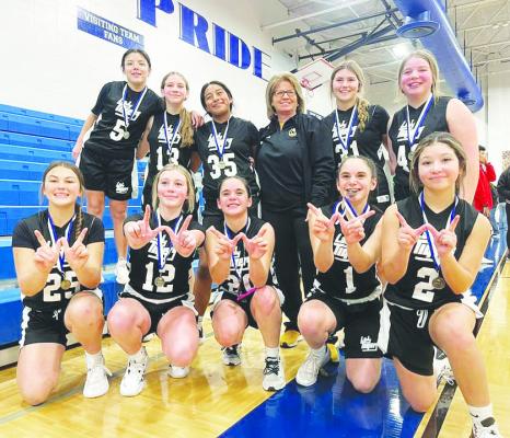 8th grade A Team: Top row From left to right: Andrea Garza, Morgan Zaskoda, Kimberlee Aguirre, Coach Dawn Boehnemann, Julia Lechler, Atalie Petrash. Bottom Row From Left to right: Ava Carr, Chloe Reynolds, Kendall Bradford, Kali Bradford, and Julissa Olvera. Not Pictured: Lauren Luther and Annabelle Miller.