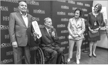 Governor Greg Abbott is joined by TIRR Memorial Hermann CEO Rhonda Abbott, Memorial Hermann Foundation CEO Anne Neeson, Midland Energy CEO S. Javaid Anwar in celebrating the kickoff of TIRR Memorial Hermann Outpatient Rehabilitation – Kirby Glen Center’s renovation project in Houston.