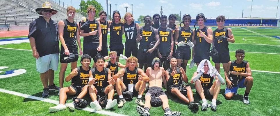 Members of the Sealy High School football team pose after qualifying for the state seven-on-seven tournament at Needville High School on May 28. The state tournament will be held in College Station on June 23 at Veterans Park. CONTRIBUTED PHOTO