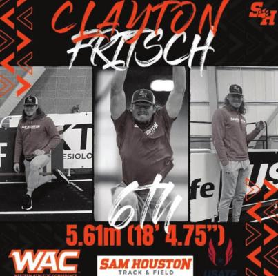 Sealy High School alum Clayton Fritsch finished sixth with a final clearance of 18’ 4.75” (5.61m) at the USA Track and Field Indoor Championships in Washington last weekend. SAM HOUSTON STATE ATHLETICS