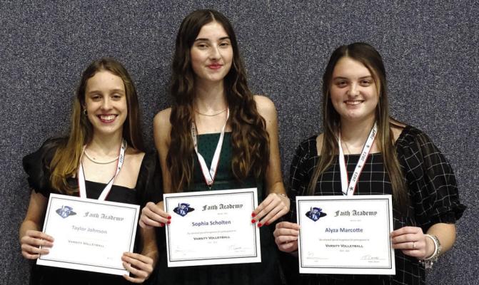 Varsity Volleyball: Most Improved-Taylor Johnson, Best Offense-Sophia Scholten, MVP-Alyza Marcotte, Not pictured: Best Defense-Jaelyn Perkins, Heart of the Knight-Skyler Pyka.