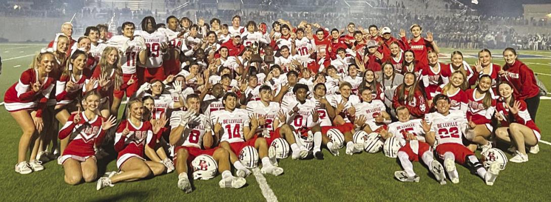 The Bellville Brahmas celebrate their fifth win on their playoff journey. The Brahmas will take on Gilmer in the Class 4A Division II state finals Friday at AT&amp;T Stadium in Arlington. CONTRIBUTED PHOTOS