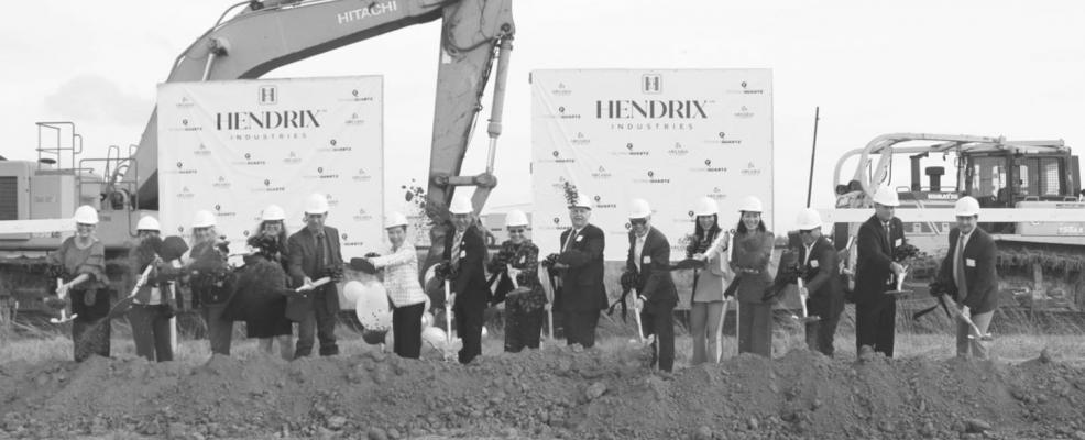 Representatives from Hendrix Industries, the City of Sealy, Austin County and others all grabbed shovels and flung dirt into the air during the groundbreaking ceremony held Friday morning at the quartz manufacturing plant on FM 3538 in Sealy. HANS LAMMEMAN