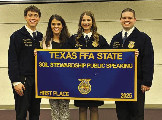 Left to right, Hunter Lawson, Molly Christensen, Katelyn Krenek, and Cade Watkins competed in the 2025 Soil Stewardship Public Speaking Contest, held June 6–7 in Stephenville. COURTESY PHOTO