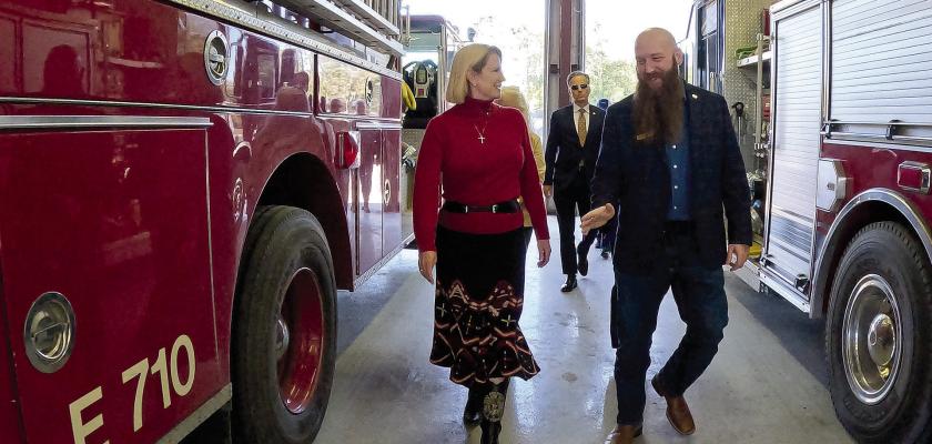 Texas GLO Commissioner Dawn Buckingham visits with Nethaniel Gjesdal, a representative from Rep. Stan Kitzman’s office, as they take a tour of the new Wallis Fire Station. A new generator was placed at the fire station as provided by Hurricane Harvey disaster relief funds. COURTESY PHOTO