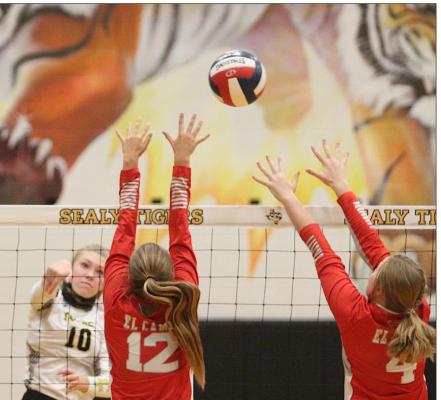 Lady Tiger senior outside hitter Brylie Nedd executes a spike in the district finale against El Campo at home on Oct. 20, 2020. Nedd was Sealy’s representative on the all-state list awarded by the Texas Girls Coaches Association. Cole McNanna