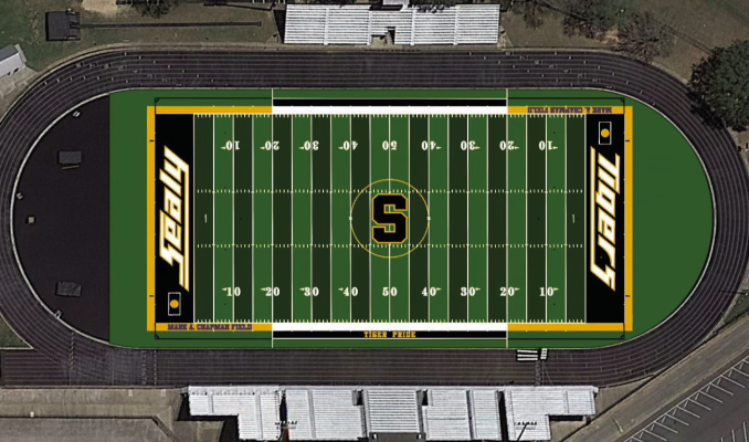 A digital mockup shows the future design of TJ Mills Stadium after turf replacement. PHOTO COURTESY OF SEALY ISD BOARD PRESIDENT RYAN REICHARDT