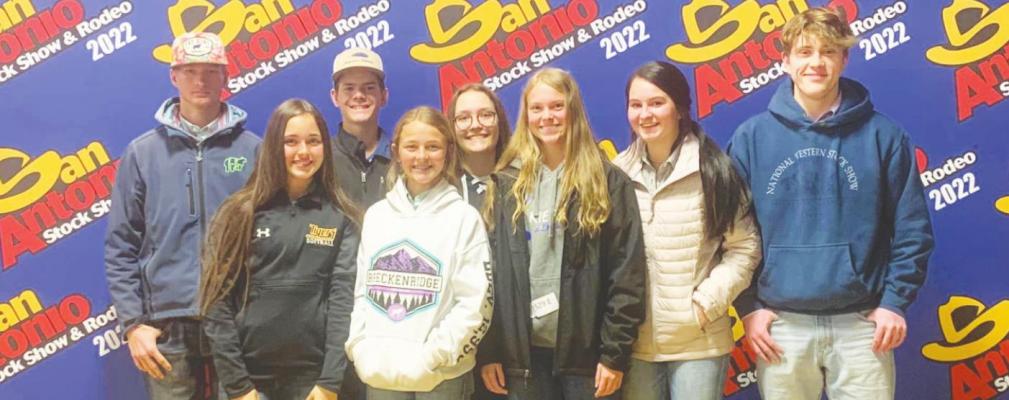 Sealy FFA Senior Livestock Judging teams competed in the San Antonio Stock Show last weekend where the girls’ team finished 15th and the boys’ team finished 38th out of 203 teams. Pictured from the left are Tracer Kruzel, Haylie Eder, Bryce Stanford, Mackenzie Simmons, Kenna Schram, Ryleigh Gilfoil, Emily Askew and Grayson Oliver. CONTRIBUTED PHOTOS