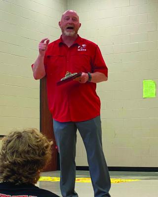 Brazos Head Football Coach Audie Jackson addresses parents during a recent football meeting. Jackson is leading the Cougars this year. Brazos will take on Anderson-Shiro this week in preparation for the season opener Aug. 30. COURTESY PHOTO