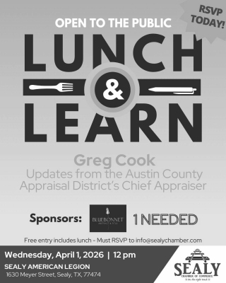 Chief Appraiser, Greg Cook, with the Austin County Appraisal District will present an informative session of updates on the property appraisal process and include a Q\\&amp;A segment to address general questions. Wednesday, April 1 at Noon Sponsors: Sealy American Legion, Bluebonnet Abstract.