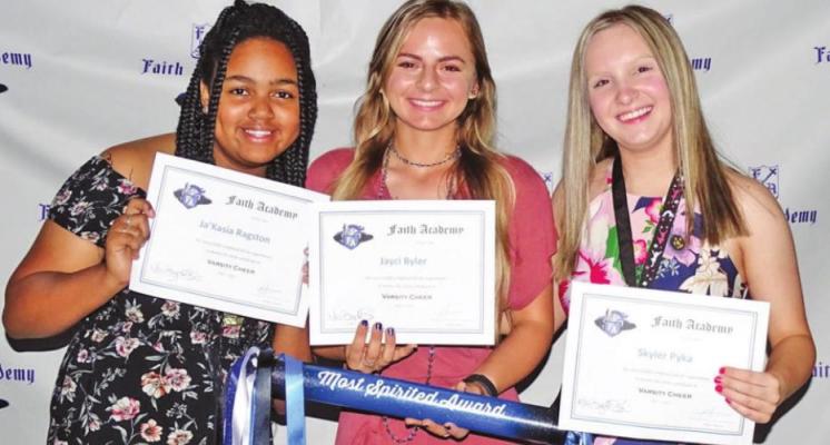 Varsity cheerleaders honored at the Faith Academy awards, left to right: Ja’Kasia Ragston, Most Dedicated; Jayci Byler, Most Spirited; and Skyler Pyka, Heart of the Knight. CONTRIBUTED PHOTOS