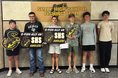 Hudson Novicke (left), Weston Tipp, Easton Oder, Jaxson Fikes, Jaxon King and William Thompson are Sealy High School students that signed up for the Sealy fishing team. COURTESY PHOTO