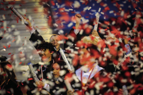 Dustin Holub and other students celebrate their graduation during the Brazos High School graduation ceremony, May 15, at Cougar Stadium. PHOTO COURTESY RONIN VISUALS