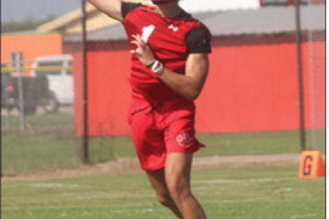 Colton Hudgins throws a screen pass to his receiver during the Wallis Brazos Cougars first practice of the year at Brazos High School on Monday, Aug. 3. SEALY NEWS | EVAN HALE