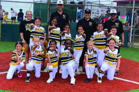 Sealy’s 7u All-Star softball team shows off their championship rings after they captured the district championship. COURTESY PHOTO